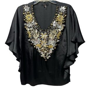 BLACK Kaftan blouse Gold silver Floral Embellishment beading sheer small